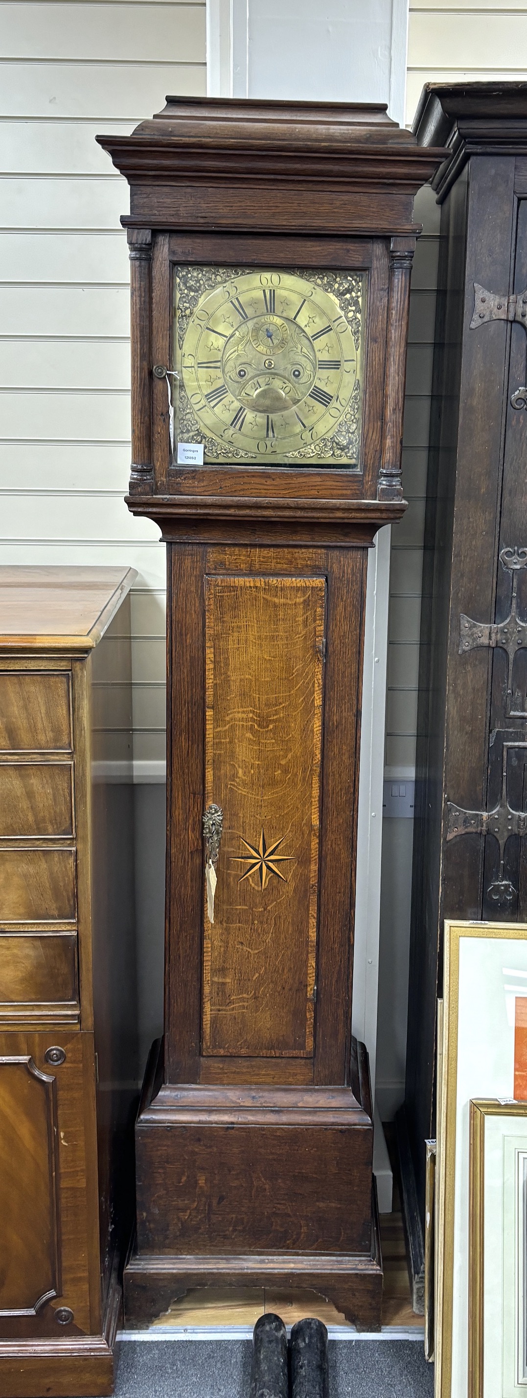 A mid 18th century inlaid oak eight day longcase clock with a square brass dial, Richard Bullock, Ellesmere, height 208cm